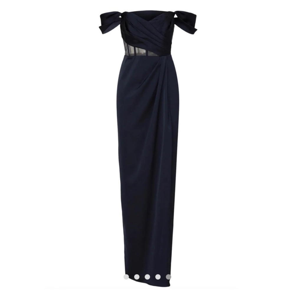 Elegant Navy Off-Shoulder Maxi Dress with Bow Detail